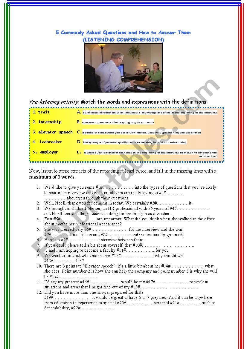 Job Interview (Listening Comprehension) [MP3 link inside the doc]